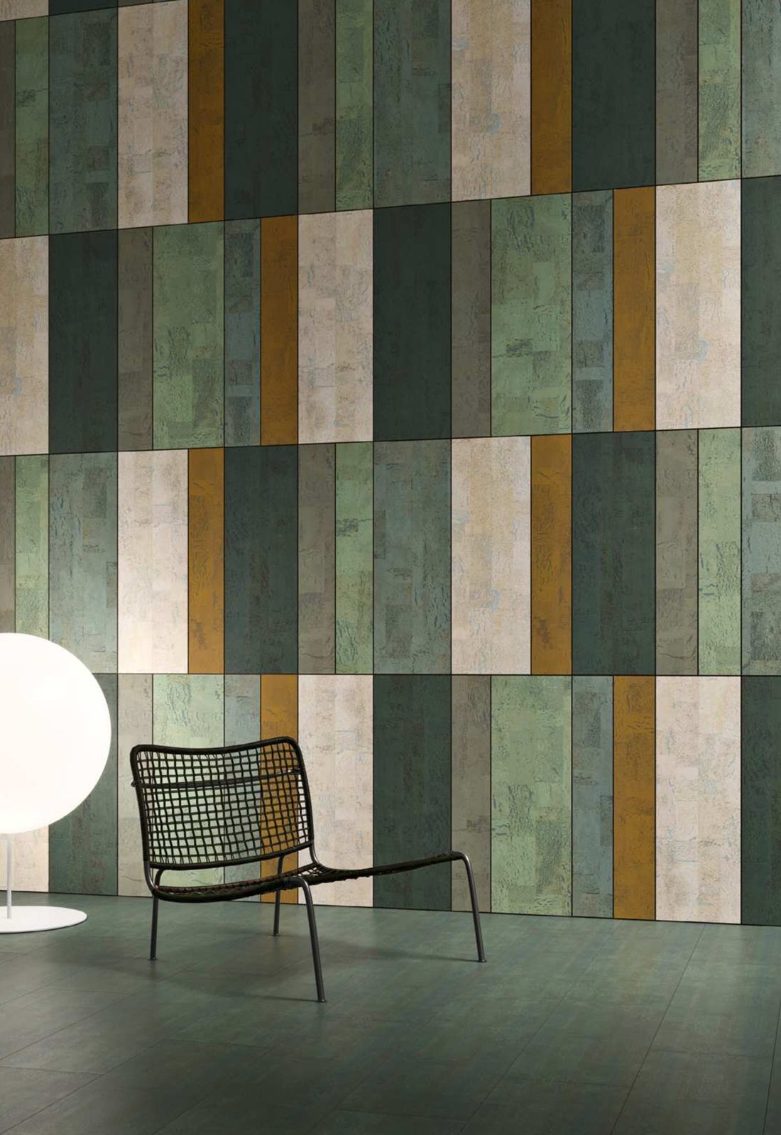 A feature wall of Carioca cork tiles in greens, cream and ochre