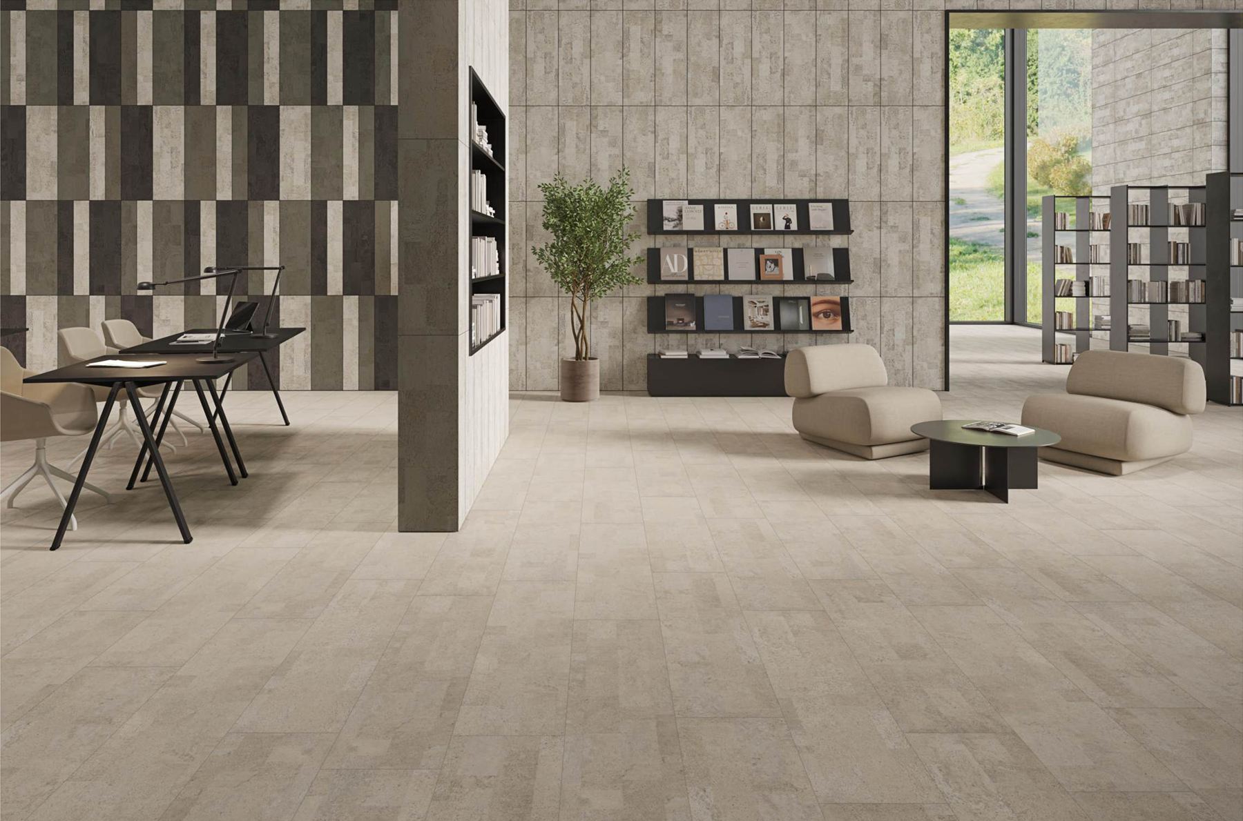 A calm lounge with a pale Recolour Pearl cork floor
