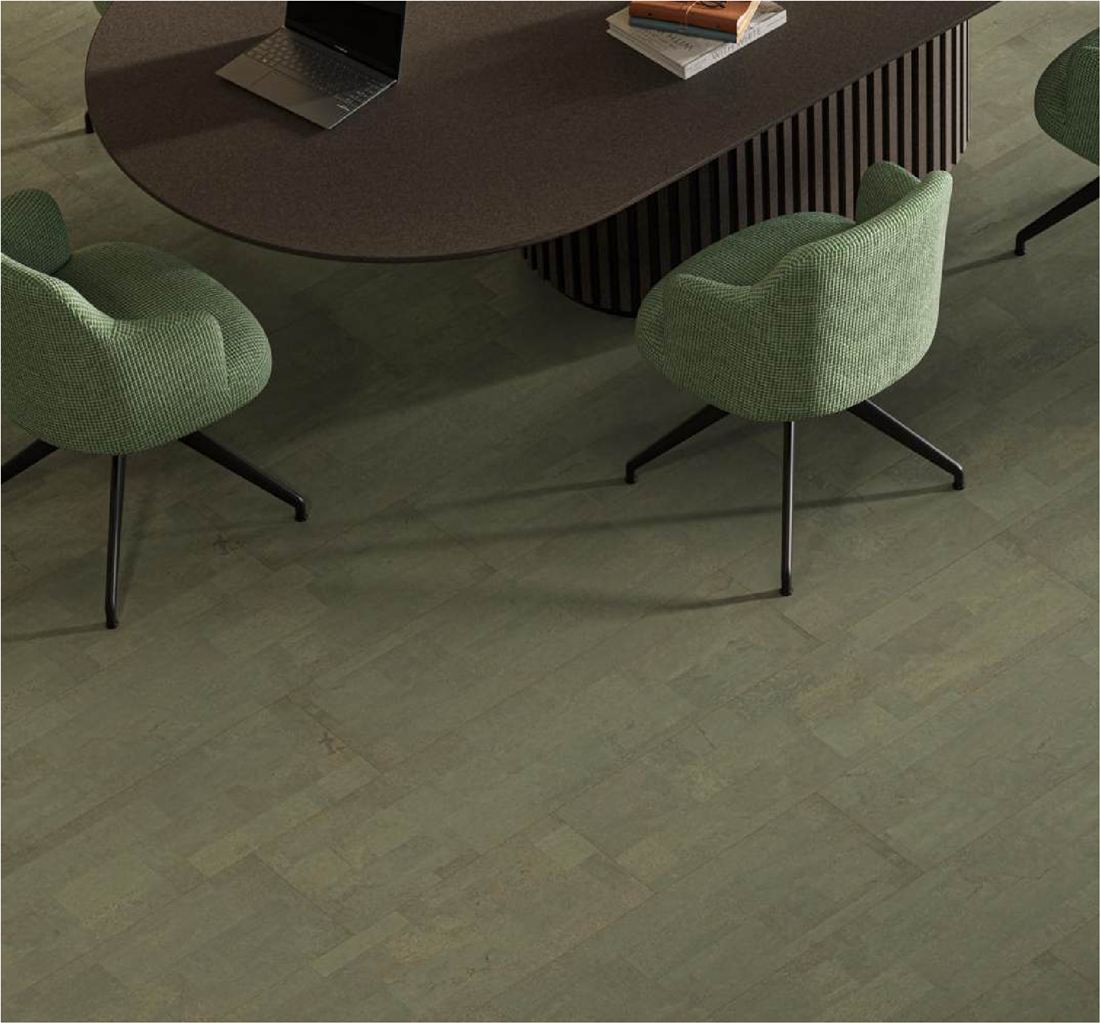 A meeting room with a sage green Recolour Spring cork floor