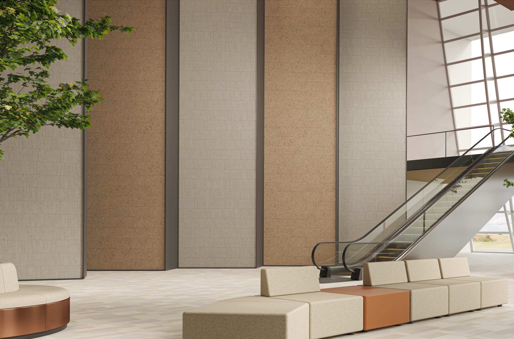 A tall atrium lined with Wabi cork wall tiles in stone grey and sand
