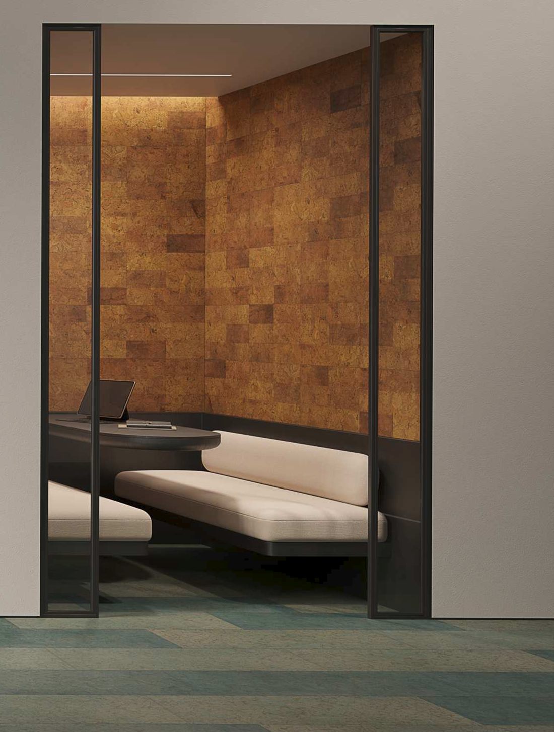 A quiet seating booth lined with Wabi Elements Earth cork wall tiles