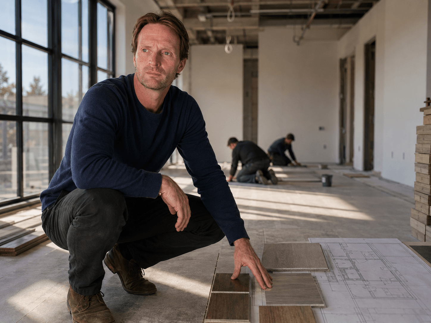 Steven Myers - Natrul founder overseeing cork flooring installation